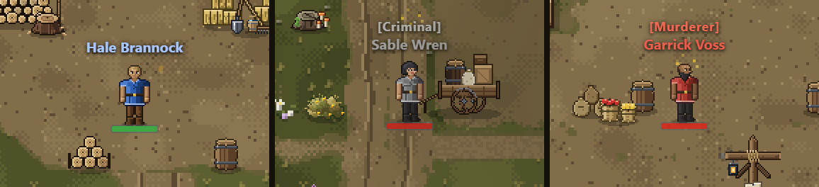 Three players side by side: a blue name, a grey name under a Criminal tag, and a red name under a Murderer tag