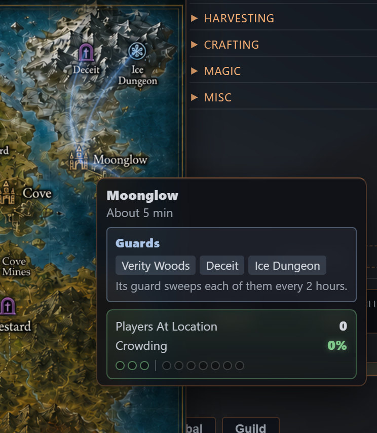 Moonglow hovered at the Watched rung: thin veins to Verity Woods, Deceit and the Ice Dungeon, sweeps every 2 hours