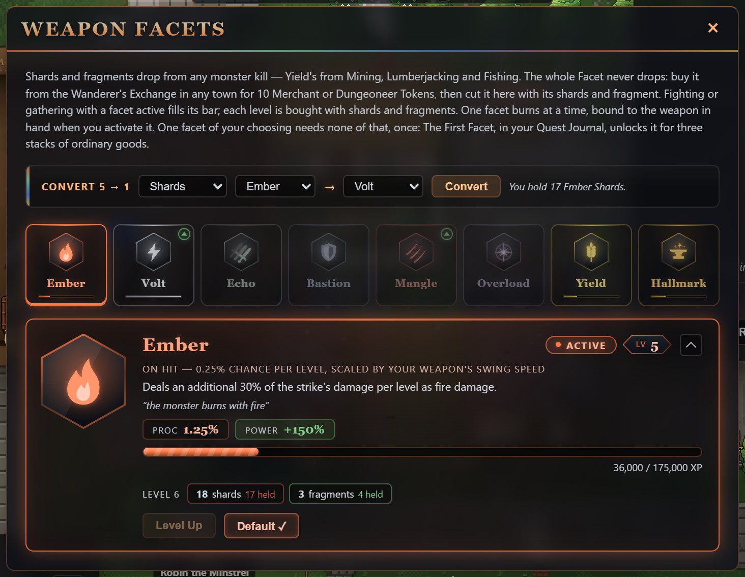 The Ember card, marked Active at level 5: proc 1.25%, power +150%, an experience bar at 36,000 of 175,000, and the price of level 6 as 18 shards with 17 held in red and 3 fragments with 4 held. Level Up is greyed out and the Default button is ticked