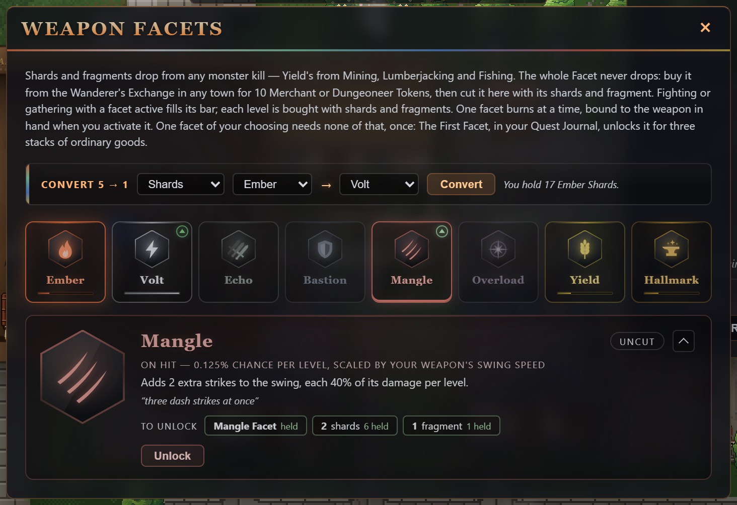 The Mangle card, marked Uncut: To unlock, Mangle Facet held, 2 shards with 6 held, 1 fragment with 1 held, and an Unlock button